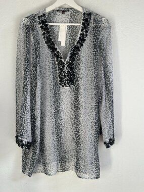 Adrienne Vittadini Womens Beaded Black White Animal Print Tunic Top Large New
